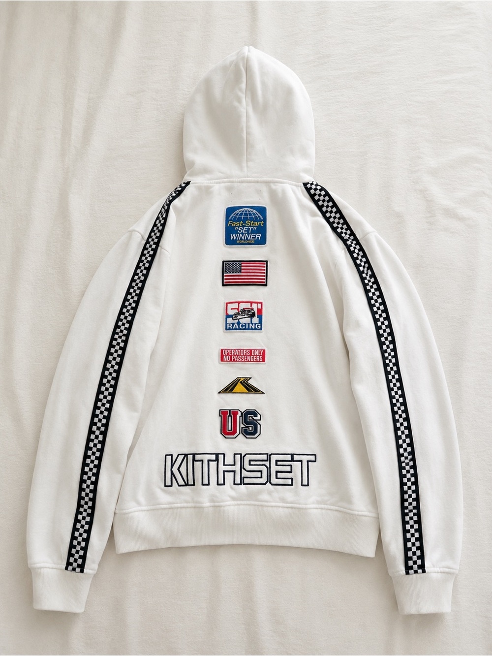 Kith White Hoodie with Black Checker Panels and Red Logo - Picture 2 of 3